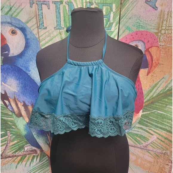 Teal Halter Bikini Top With Lace Trim Women's Swimwear Size Large Juniors - Picture 1 of 8